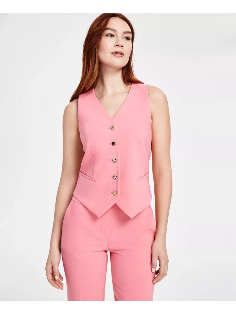 Anne Klein Women's Five-Button Sleeveless polyester V-Neck Vest Pink Size 4 $89